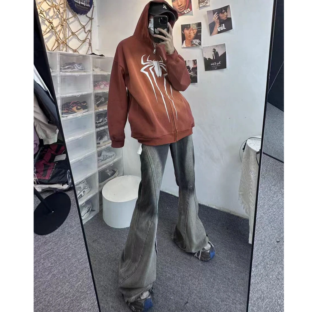 美式潮牌渐变水洗牛仔裤男vibe高街修身毛边痞帅炸街阔腿微喇叭裤