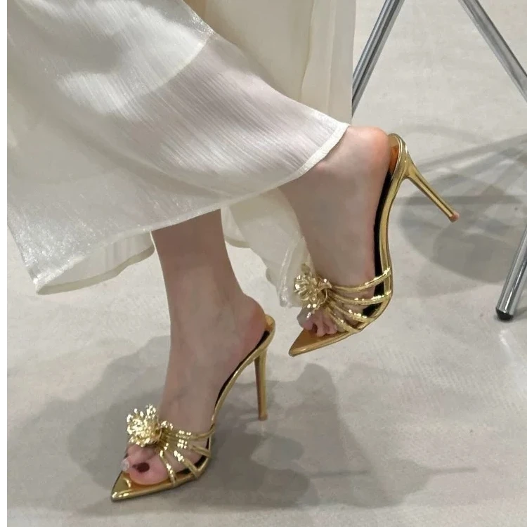 2025新款一脚蹬春季速干胶粘细跟高跟鞋仙女风高跟鞋半拖尖头女
