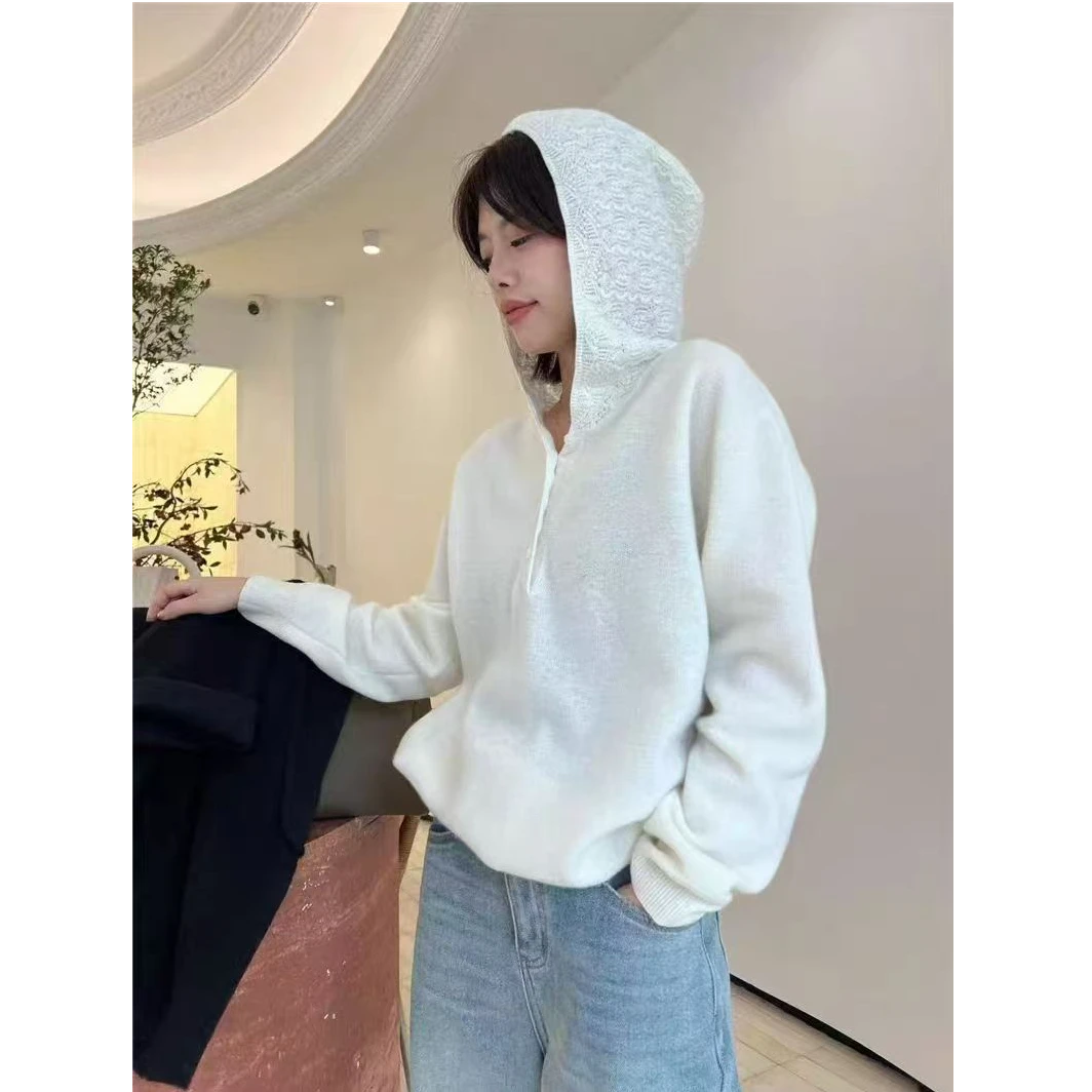 2024秋冬新款洋气百搭连帽钩花毛衣外套女宽松显瘦上衣减龄