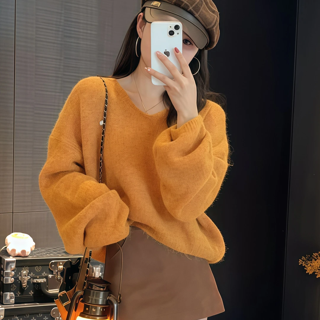 纯欲风V领正肩长袖针织衫女2025秋季新款慵懒简约风宽松显瘦上衣