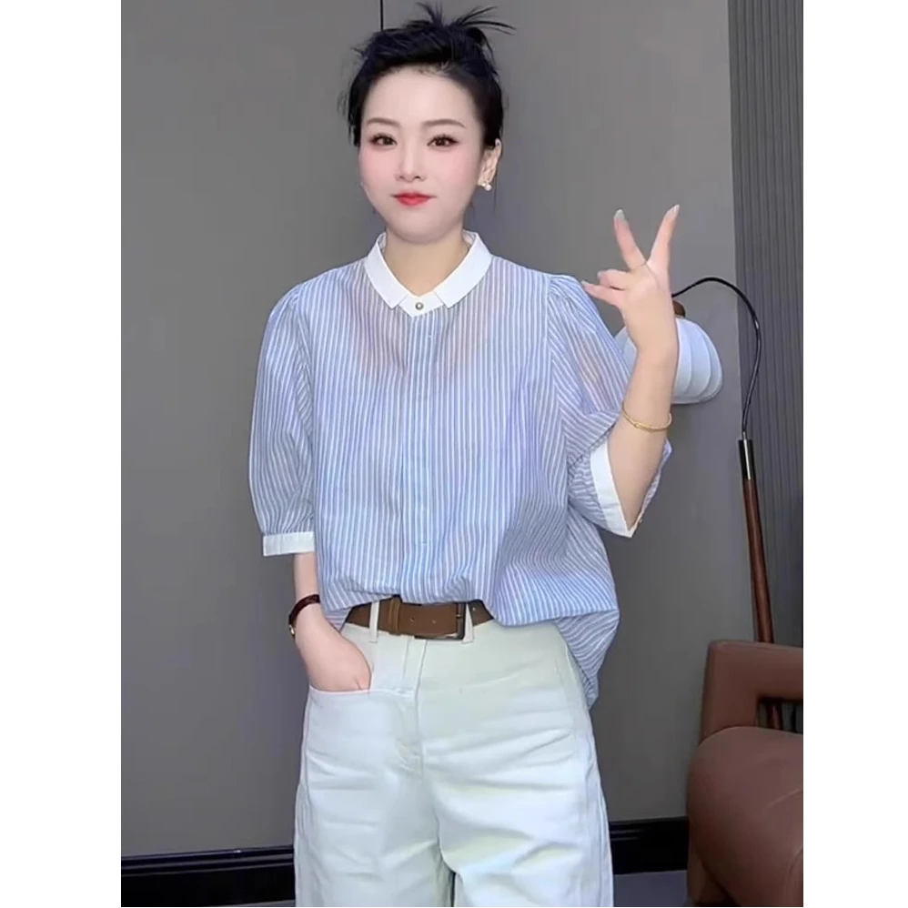 欧货高端2025夏季新款女装蓝色翻领条纹薄款五分袖雪纺衬衫上衣女