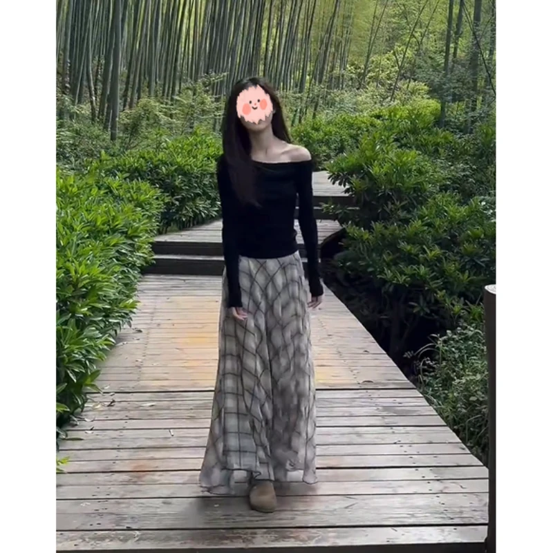 夏季套装女黑色辣妹漏肩收腰显瘦上衣高腰设计感格子半身裙两件套