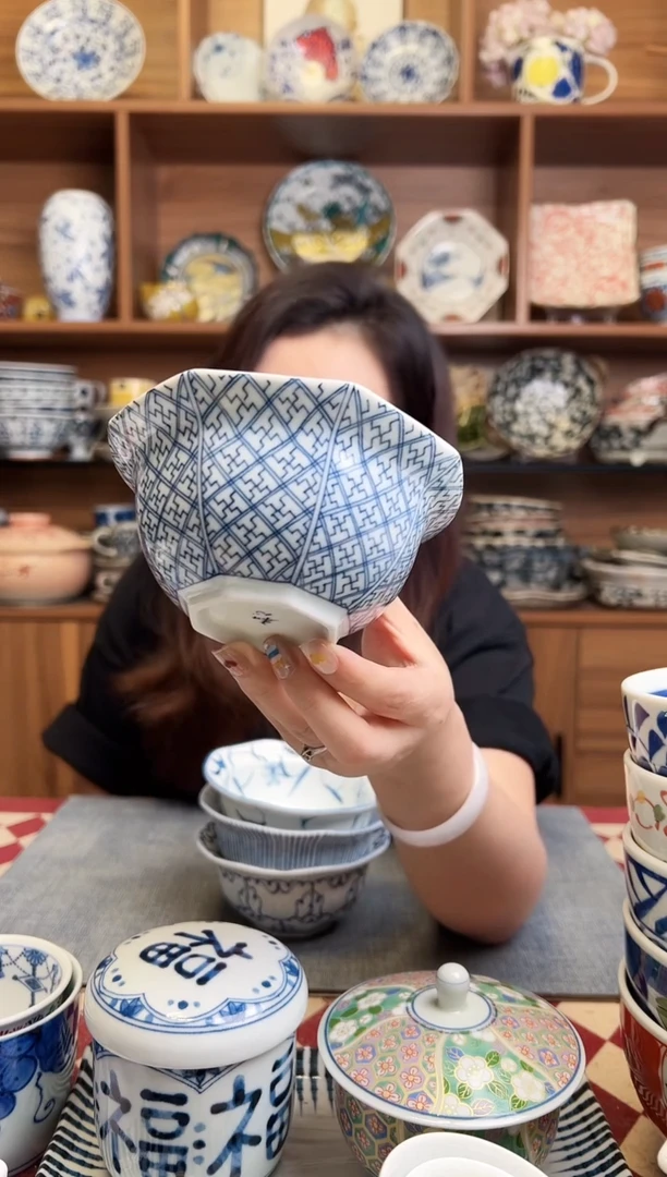 瓷片染格子12cm八角小钵