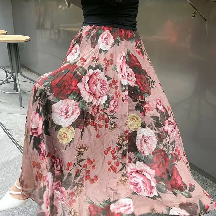 玫瑰真丝半裙新款桑蚕丝乔其纱宽松桑蚕气质长裙沙滩裙修身2025年