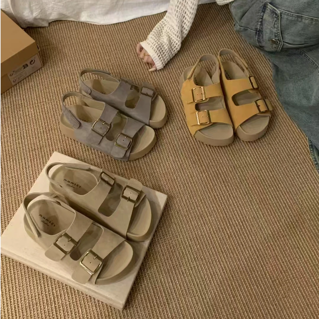 VEEFSHOW 666-6 休闲磨砂皮罗马鞋中跟时装凉鞋平底交叉复古时尚