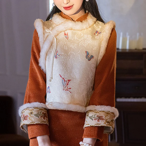 2024新款马甲改良版蝴蝶织锦缎新中式加绒国风复古长款网红加厚