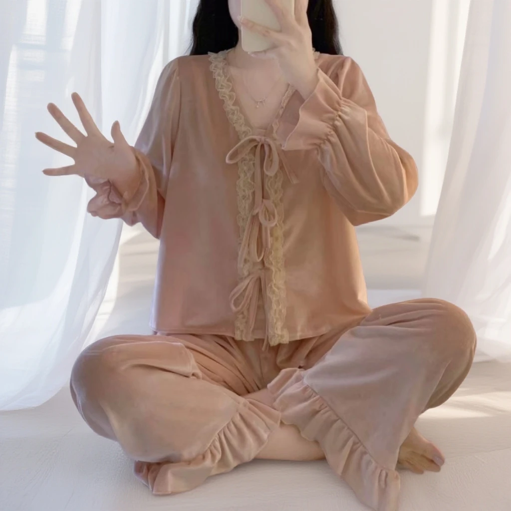 金丝绒睡衣女春秋季公主风甜美蕾丝花边仙女洋气家居服两件套装冬