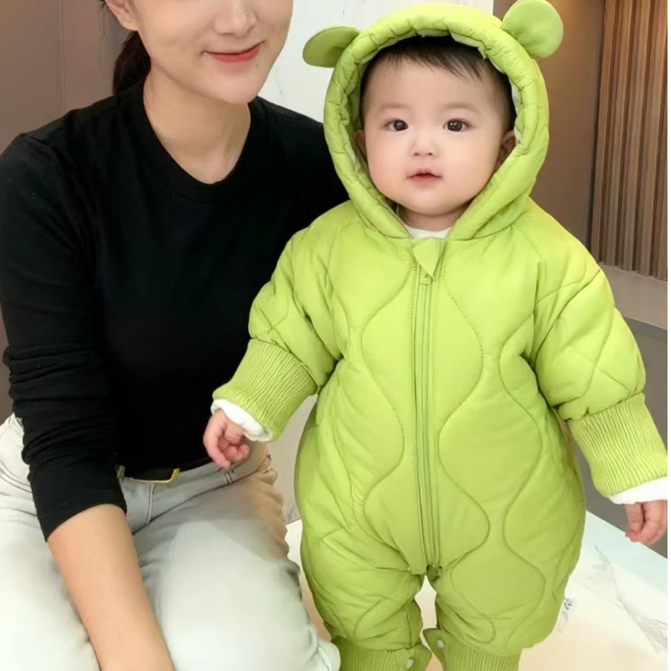 新款宝宝冬款男女宝宝加绒加棉连帽拉链兔耳朵连体哈衣爬服