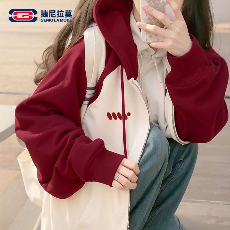 【敖瑞鹏代言】捷尼拉莫小个子开衫卫衣女2025春秋新款红色显白外套