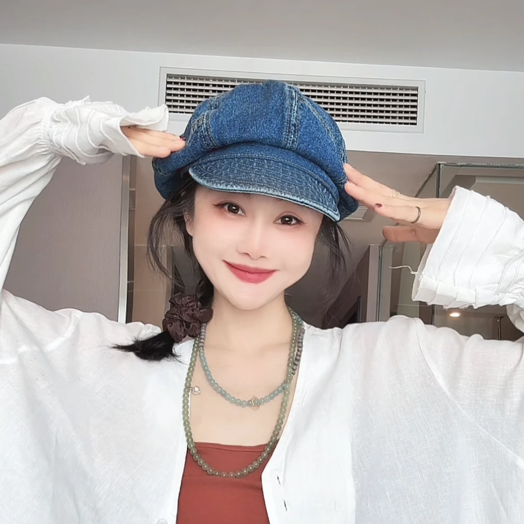李豆儿 小众设计 复古牛仔云朵贝雷帽