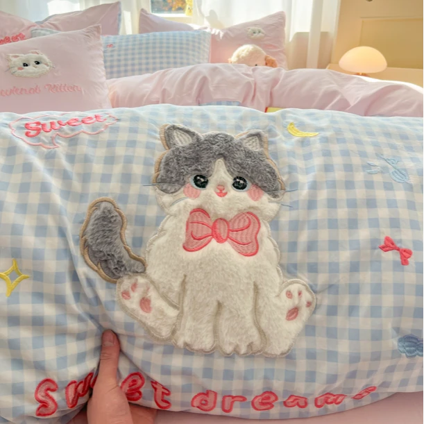 少女心ins风A类贴布绣可爱卡通水洗棉四件套春夏季床单被套学生