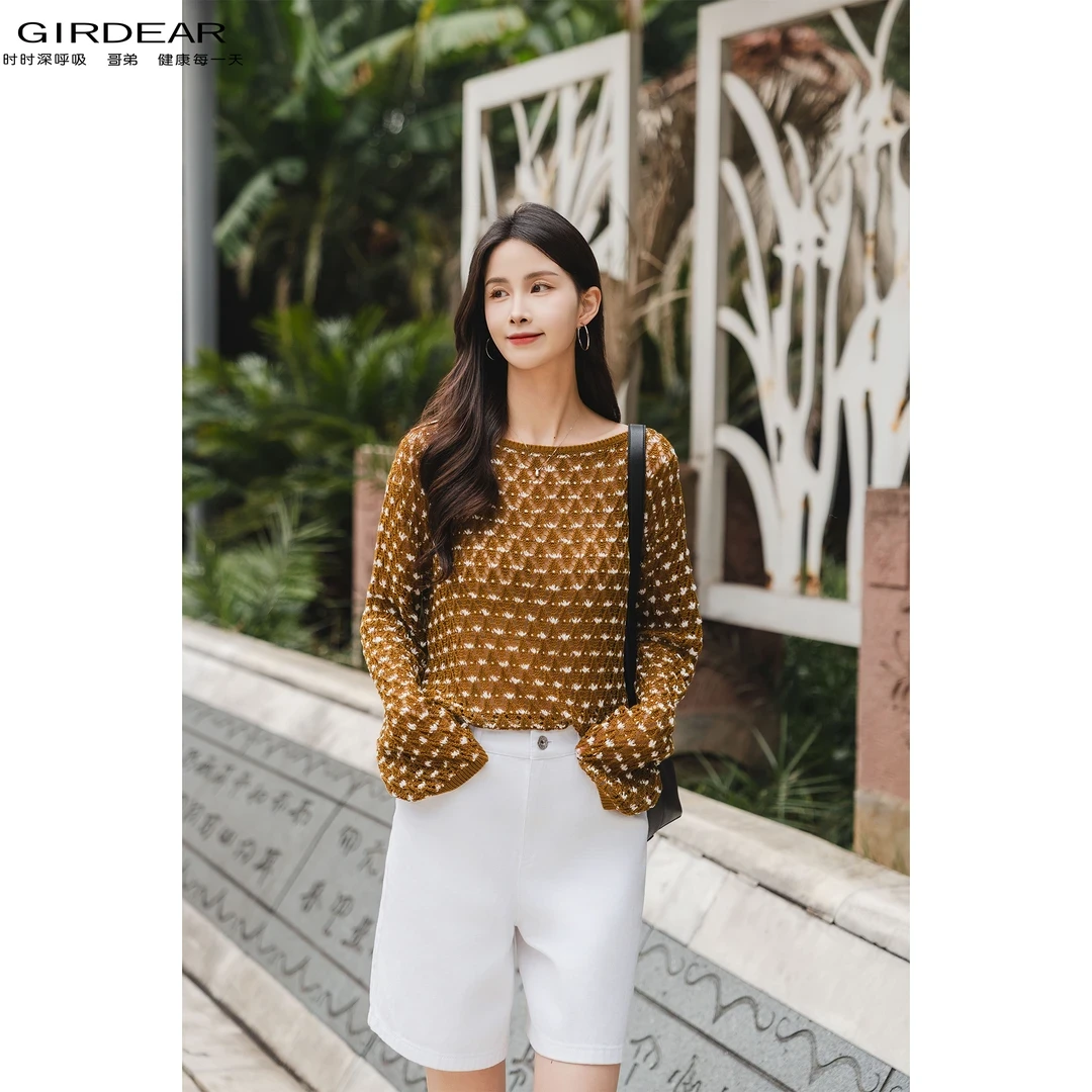 GIRDEAR/哥弟春夏新款慵懒风镂空百搭套头圆领针织衫上衣女138037