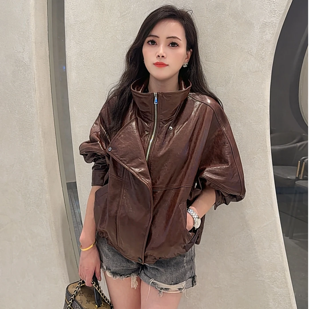头层油腊绵羊皮洋气拉链真皮皮衣休闲宽松立翻领女士秋季机车单皮