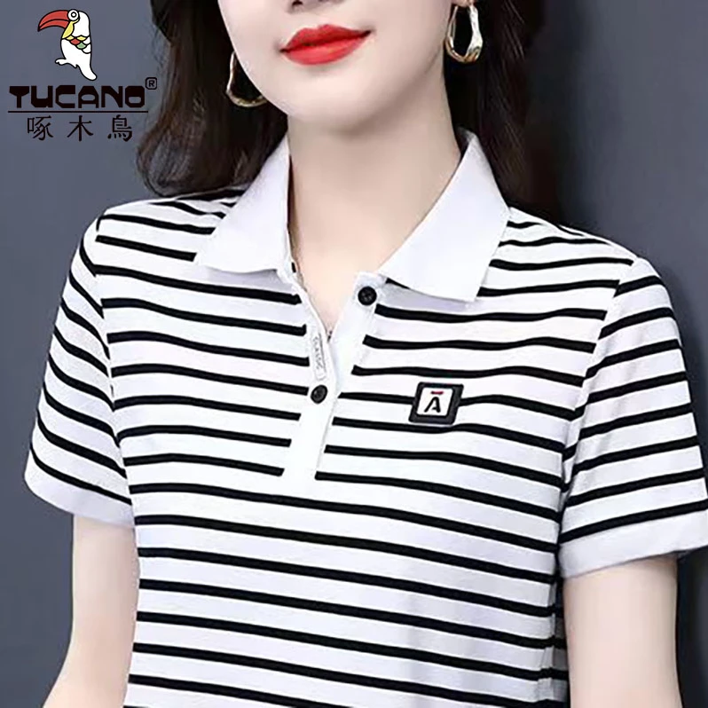 啄木鸟夏季条纹减龄百搭T恤休闲女装洋气显瘦时尚上衣百搭短袖潮