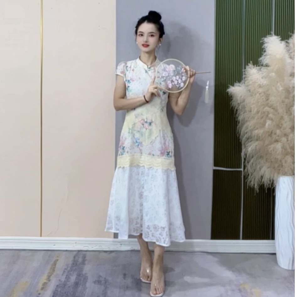 小个子定制新中式假两件印花改良旗袍蕾丝拼接镂空旗袍裙XF705