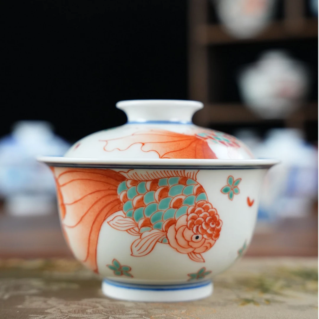红绿彩游鲤鱼盖碗120cc「雨溪山房」