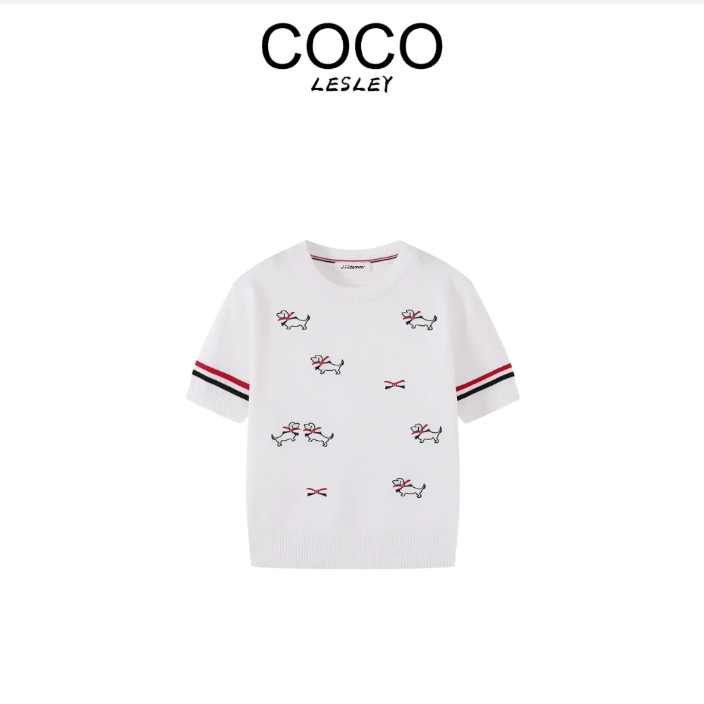 设计款圆领刺绣小狗冰丝针织短袖2025夏季上衣百搭时尚