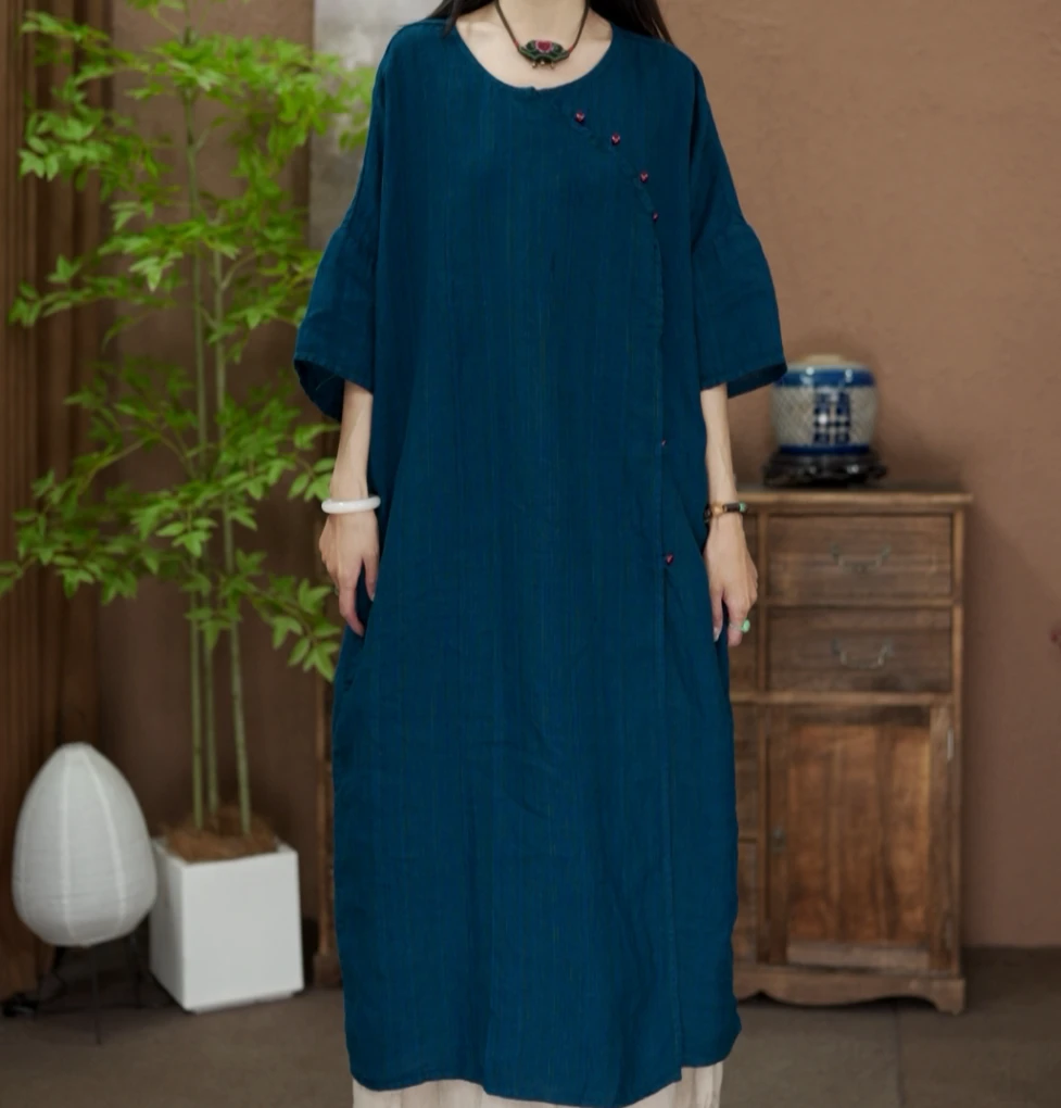 【原制原味】新款55929色织汉麻斜襟小红扣包边袍子