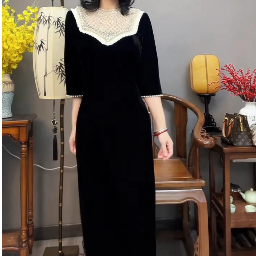 七分袖低开衩重工拼接法式短袖时尚轻奢中长款连衣裙