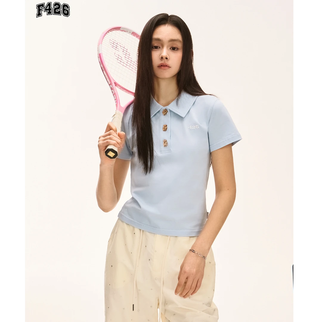 F426短款卡通纽扣polo领百搭运动休闲简约短袖 6758
