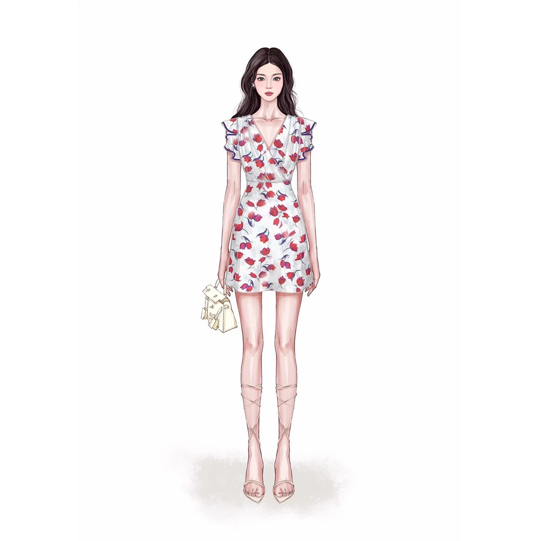 Rose Owner 7折粉丝福利～洛神馥 印花V领收腰荷叶边袖短款连衣裙