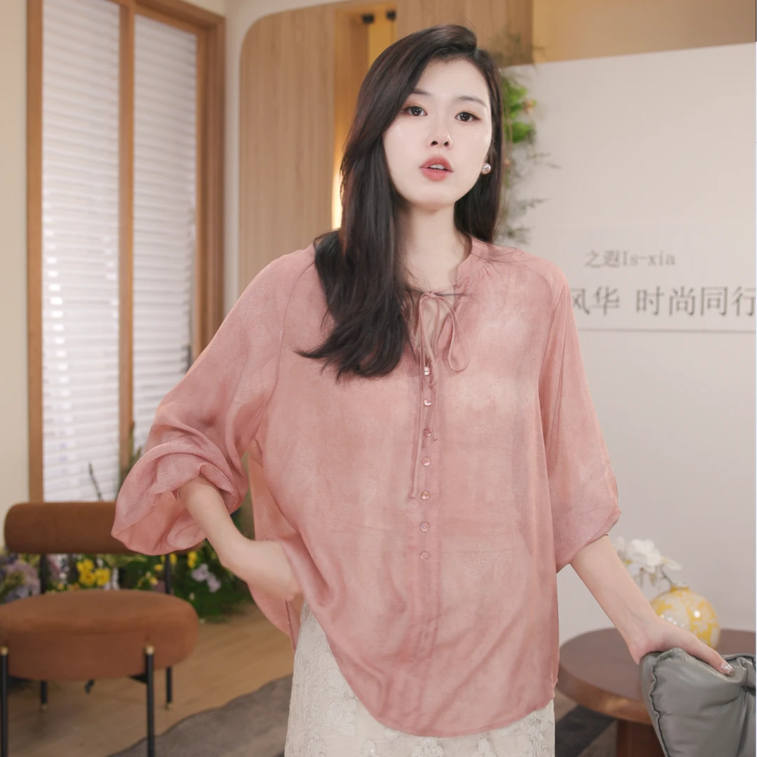 【粉雾恋人】100%桑蚕丝·时尚优雅风提花休闲衬衫