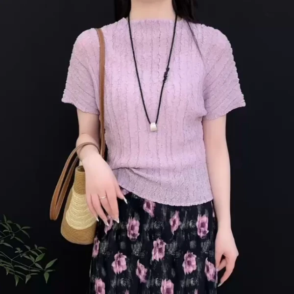 ANYUMO/安妤茉66632褶皱纯色半高领短袖小衫百搭时尚显瘦女