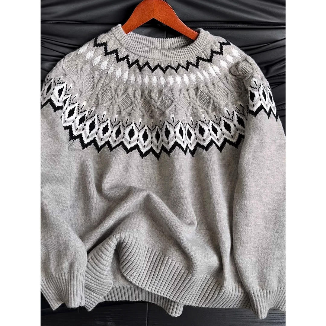 美式复古费尔岛针织毛衣男女同款秋冬慵懒风宽松潮流百搭圆领菱形