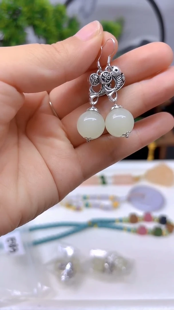 和田玉（白玉）银S925镶嵌耳饰E783