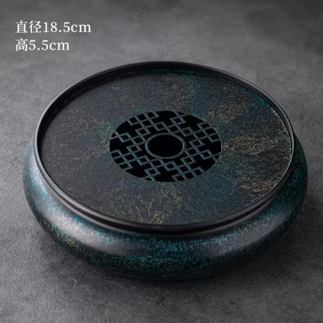 中式圆形茶盘家用壶承储水干泡台大漆老铁器复古茶托盘