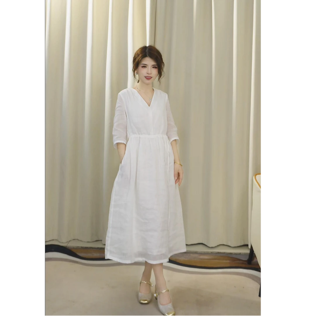 新疆地区拍小个子版100%苎麻新中式纯色复古风V领改良夏季连衣裙