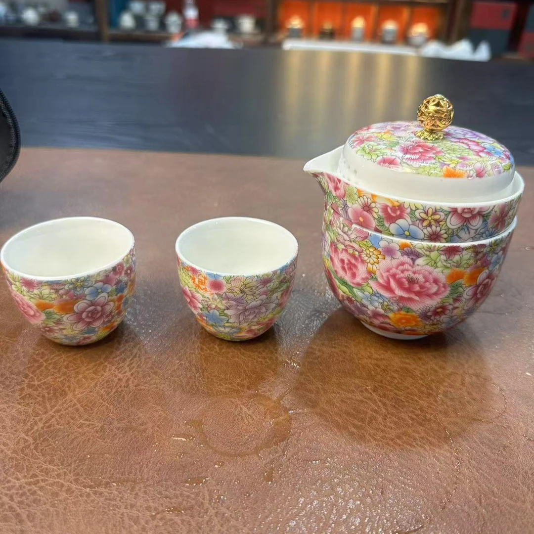 粉彩牡丹一壶二杯户外便携式家用旅行茶具