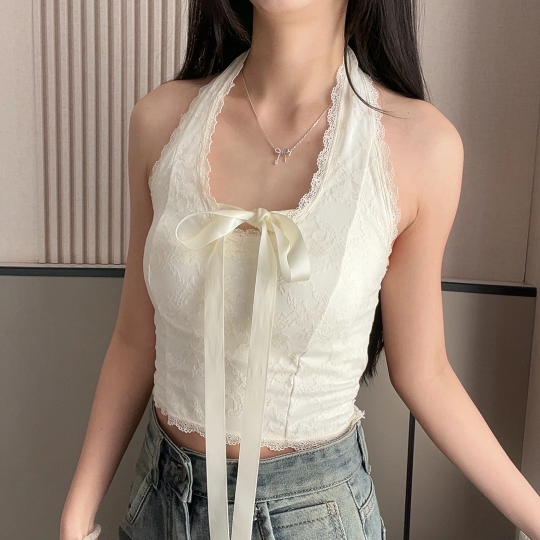 2025性感纯欲风少女蕾丝背心花边挂脖蝴蝶结拼接美背带胸垫女吊带