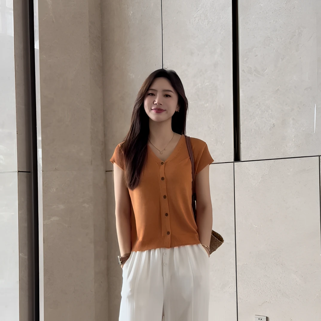 【余欢欢】夏季时尚潮流气质休闲百搭V领针织开衫-YHW50555
