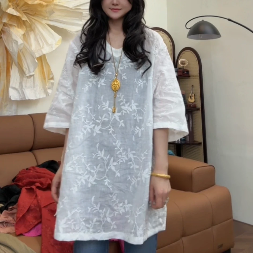 museguhui/木色古汇0108#苎麻绣花重工宽松夏季百搭中长款上衣