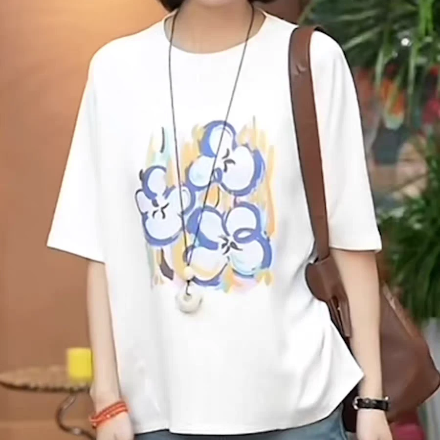 宽松休闲显瘦上衣夏季薄款胖MM大码女装气质减龄印花圆领短袖T恤