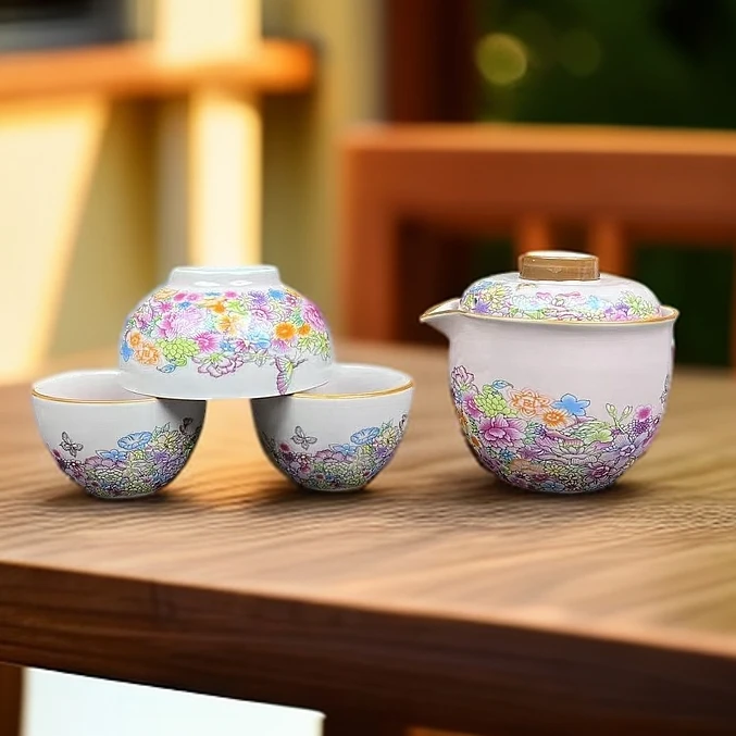 万花粉色珐琅彩一壶三杯带包