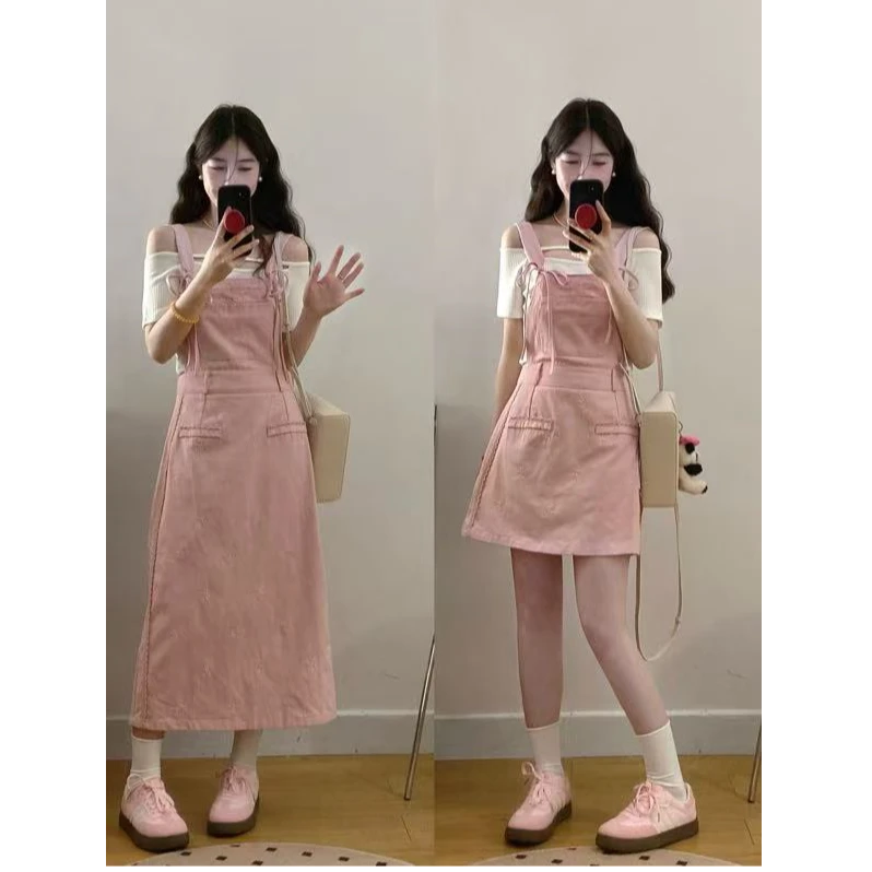 2025夏新款大码女装甜酷风粉色背带裙显瘦减龄穿搭T恤+牛仔裙1576