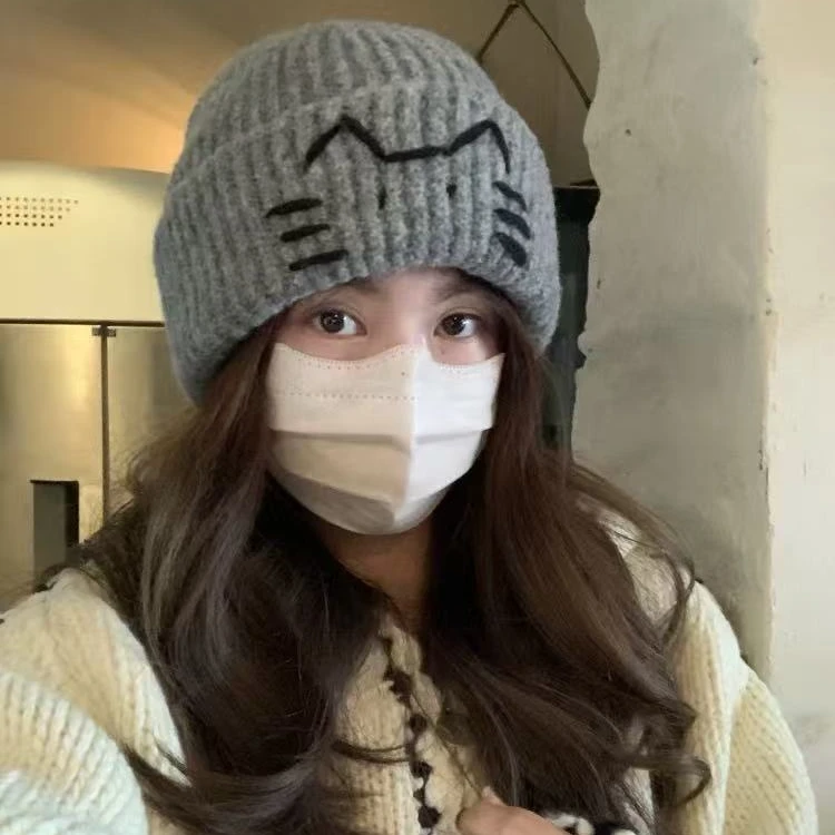 可爱猫咪蓝色针织帽女秋冬季韩版显脸小毛线帽大头围保暖包头帽子