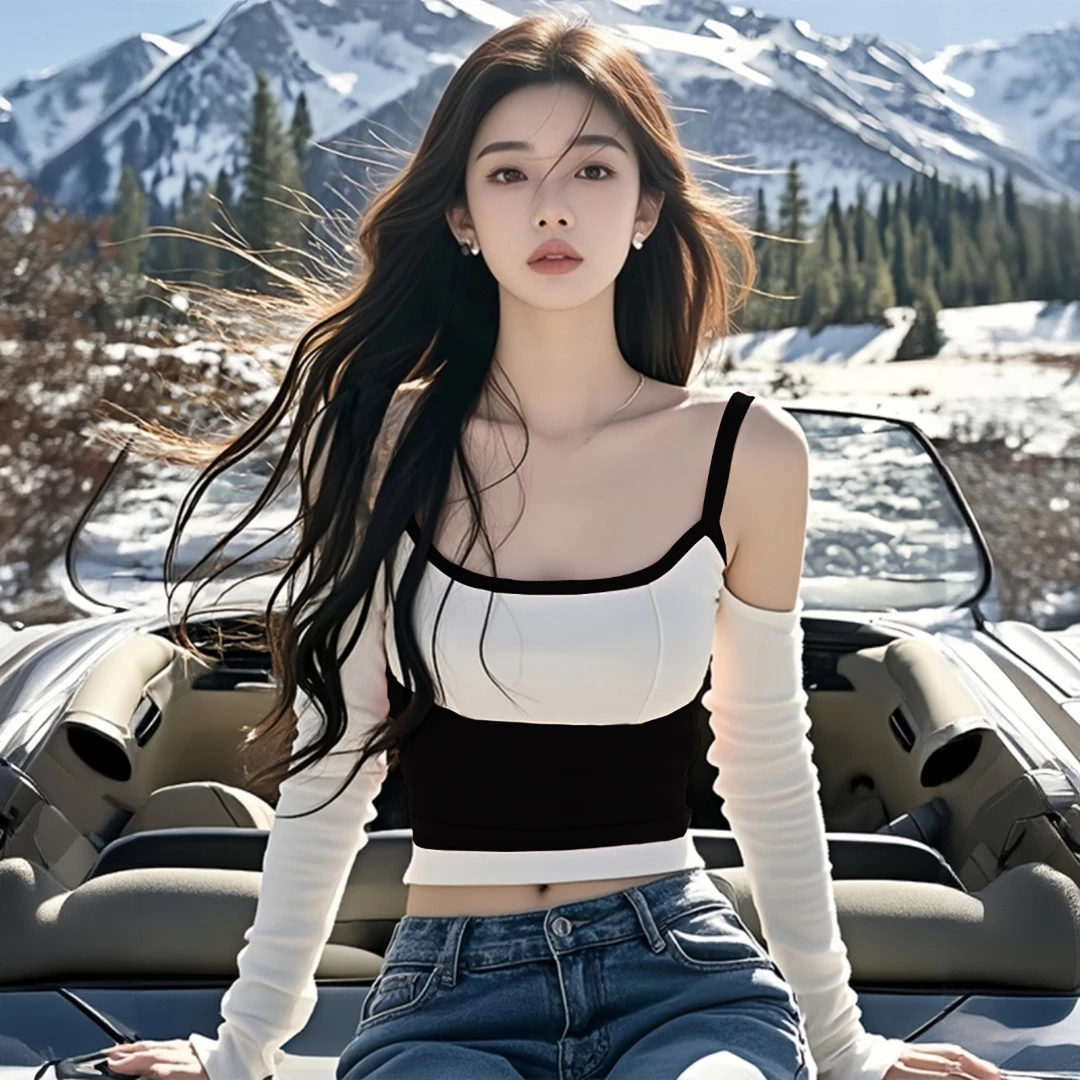 2025早秋新款撞色吊带长袖打底衫性感辣妹穿搭不易掉色百搭T恤女