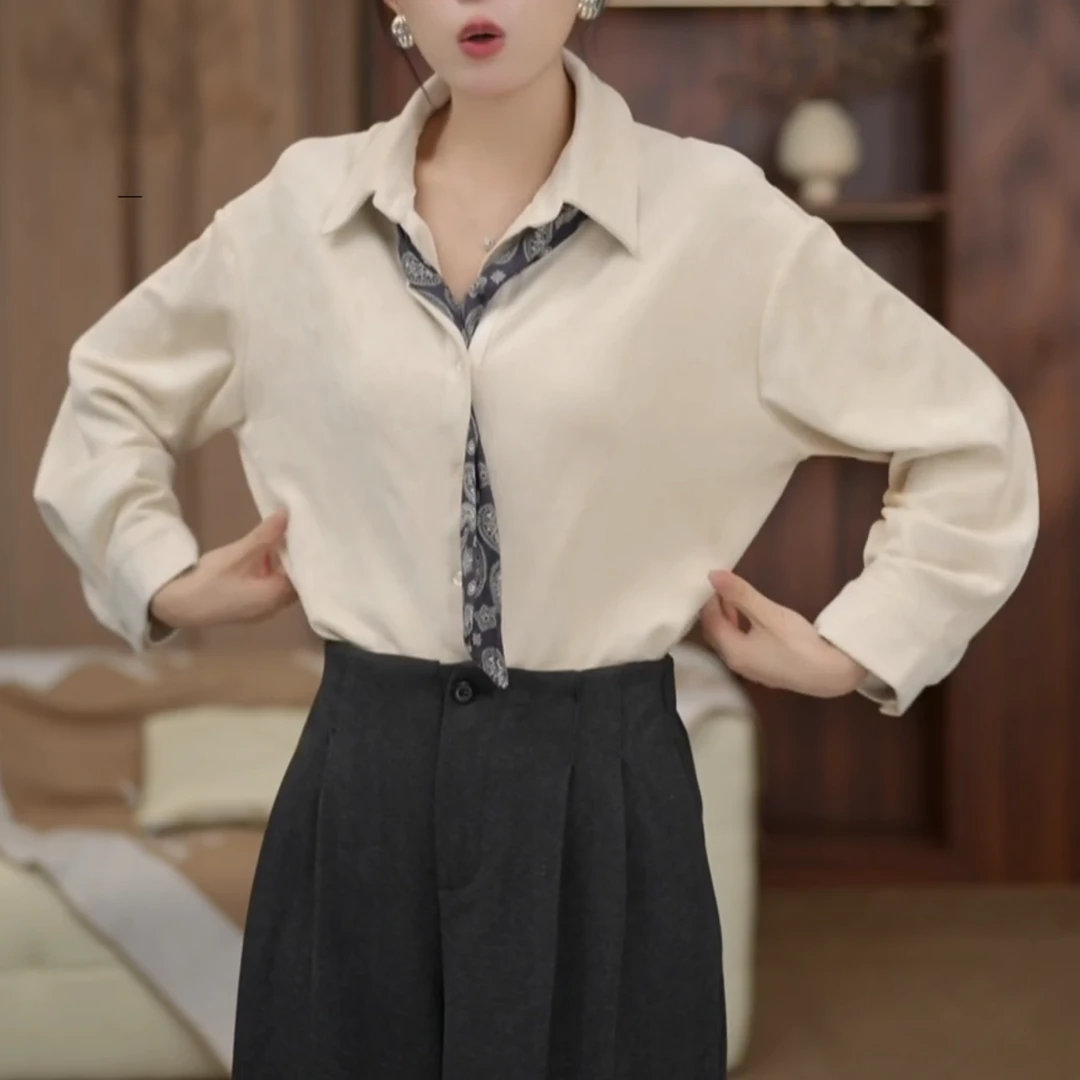 【木屿画报】秋冬轻奢时尚气质纯色长袖衬衫宽松显瘦上衣LK2507477