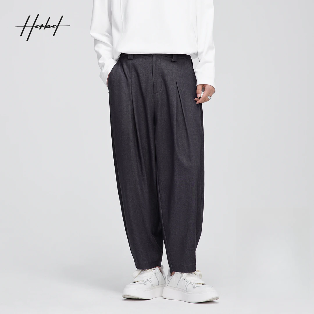 HERBEL/黑白男装2025春季新款休闲裤宽松阔腿锥形男士九分裤西裤