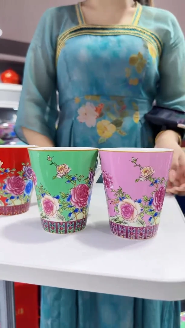 珐琅  牡丹花卉水杯2只装景德镇陶瓷