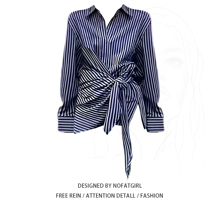 大码胖妹妹气质不规则polo领条纹衬衫女秋设计感收腰显瘦长袖上衣