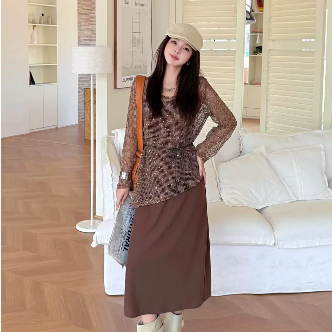 拉夏贝尔咖色浪漫连衣裙套装女2025年秋季新款吊带裙罩衫两件套