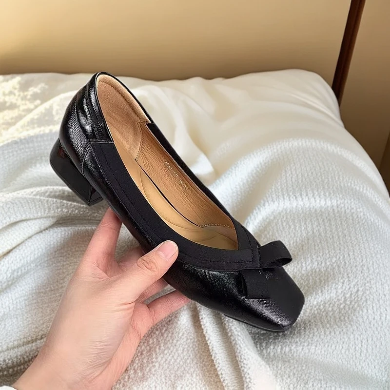 1622-D1-百搭高跟圆头浅口小皮鞋粗跟单鞋女