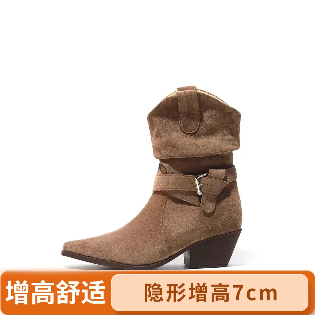 真皮赵露思同款增高小个子 磨砂复古秋季新款切尔西靴 00292高跟