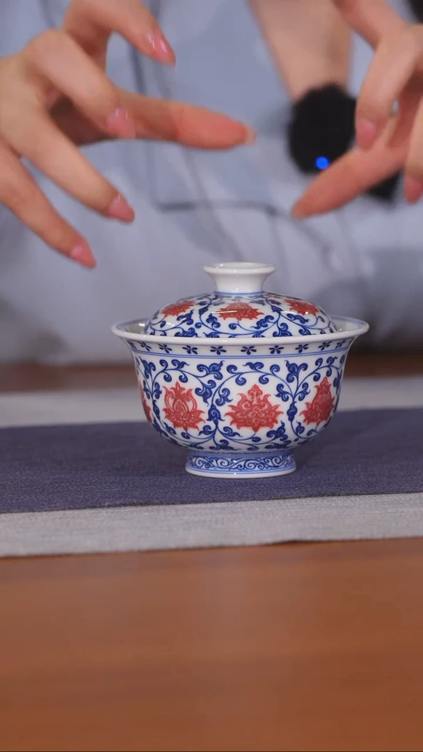 沐茗古韵青花釉里红缠枝盖碗@@mmgy128