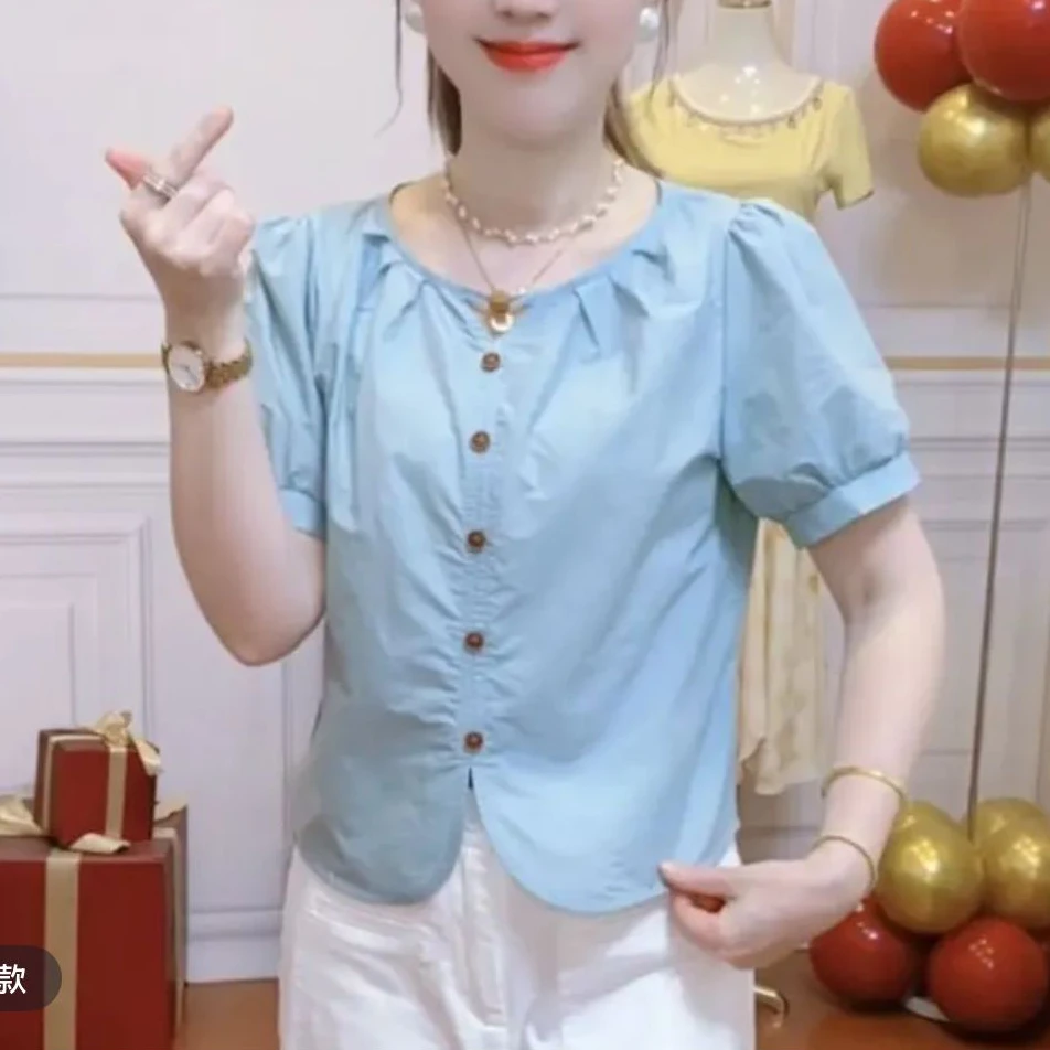 设计感压褶短袖上衣小个子女士夏季衬衣减龄百搭洋气时尚纯色衬衫