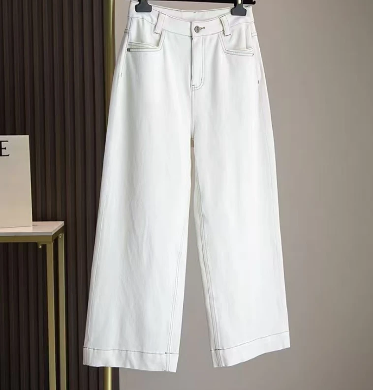 2025夏季新款显瘦显腿直明线撞色九分阔腿直筒休闲裤牛仔裤2109